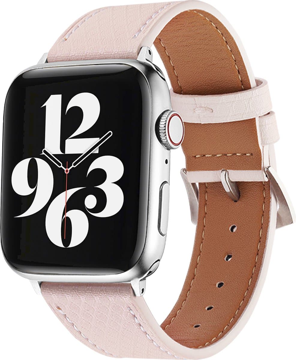 MY PROTECT - Leren Bandje - Geschikt Voor Apple Watch Bandje - Series 1/2/3/4/5/6/7/8/9/10/SE/Ultra - 44mm - 45mm - 46mm - 49mm - Pastel Roze