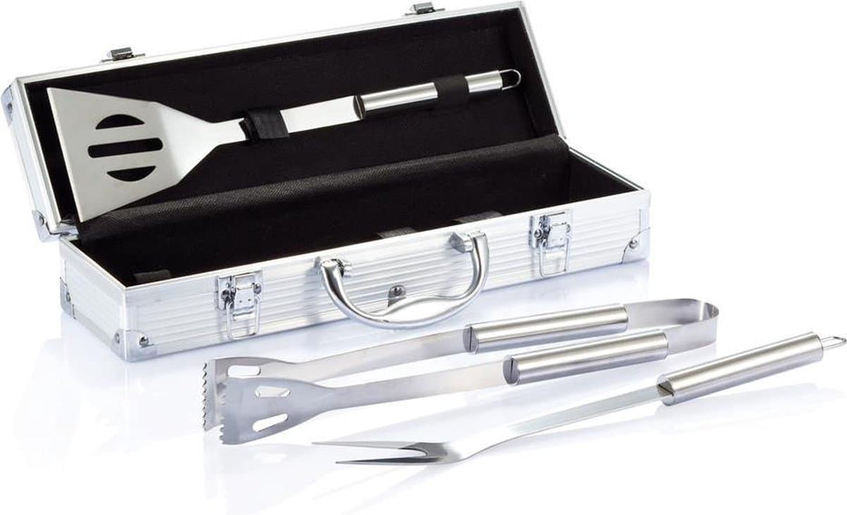 3-delige barbecue set in aluminium koffer, zilver