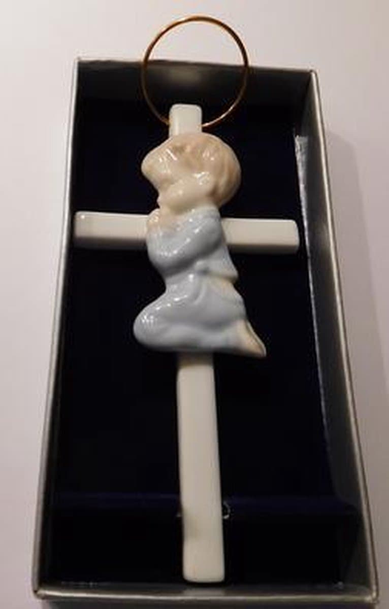 Kruisje keramiek blauw jongen