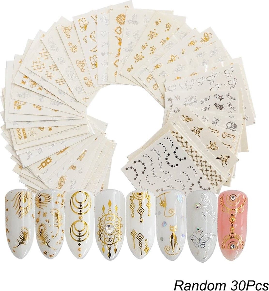 30 Stuks Nagelstickers – Gouden & Zilveren Sierlijke Patronen