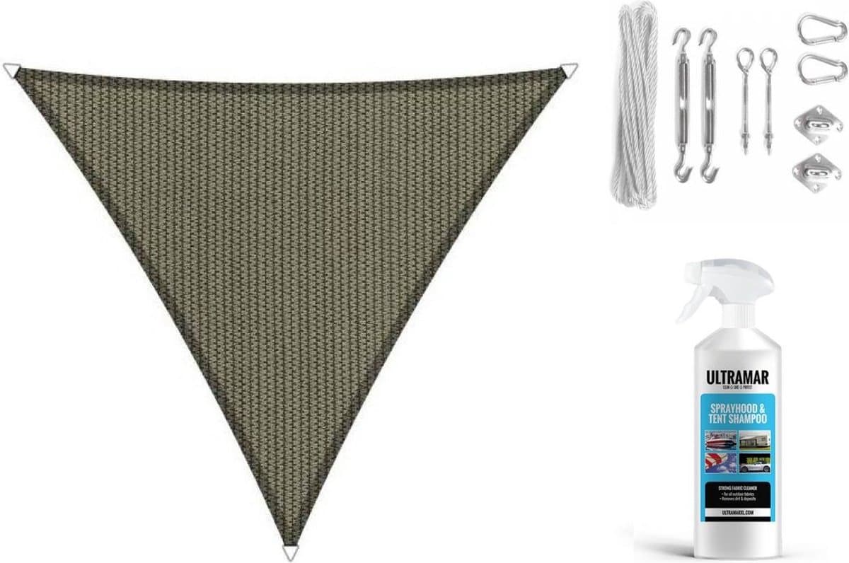 Compleet pakket: Shadow Comfort driehoek 3x3,5x4m Desert Storm met RVS Bevestigingsset en buitendoekreiniger