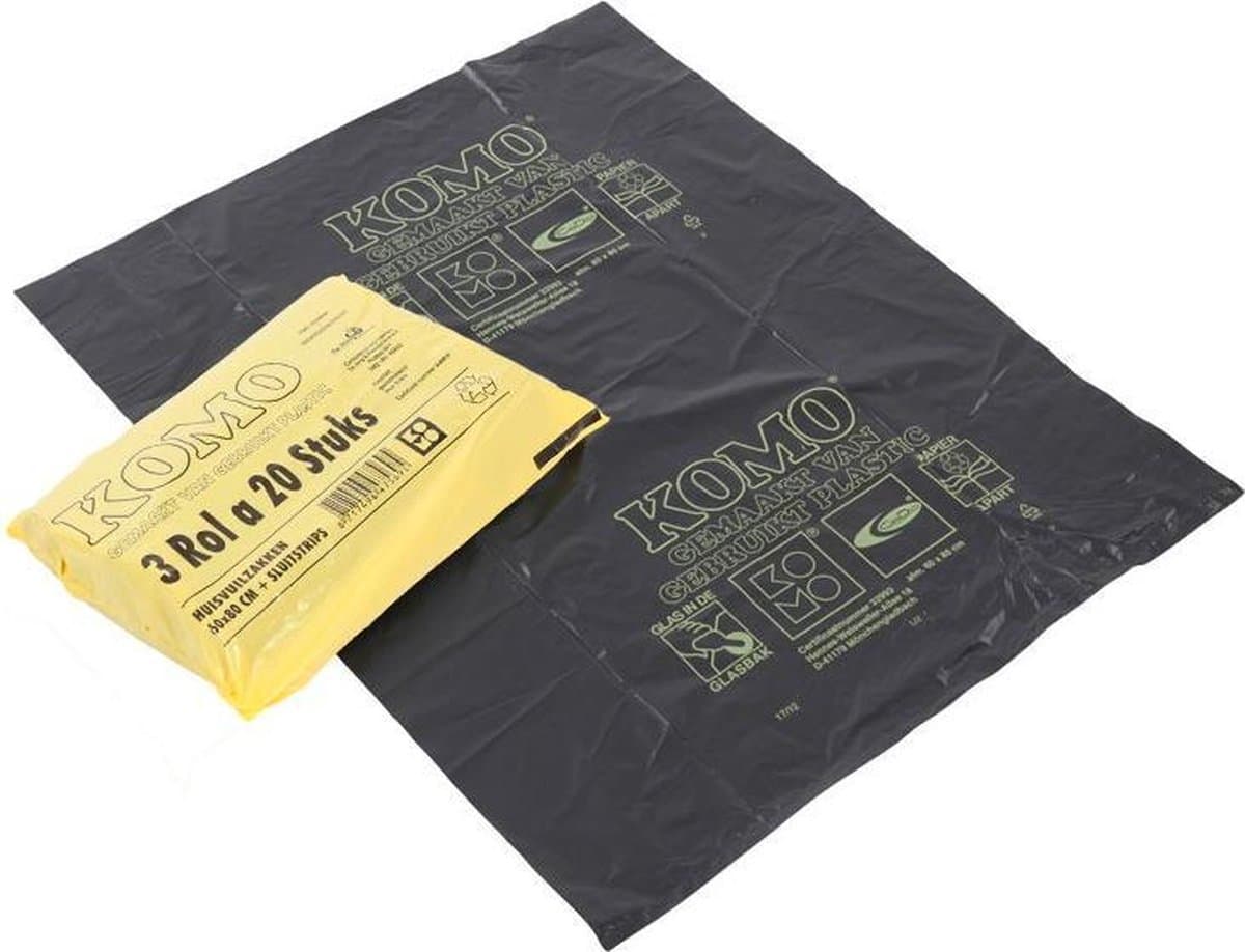 Komo afvalzakken 60 liter grijs 60x80cm 50my - Doos 4 pak 3x20 stuks