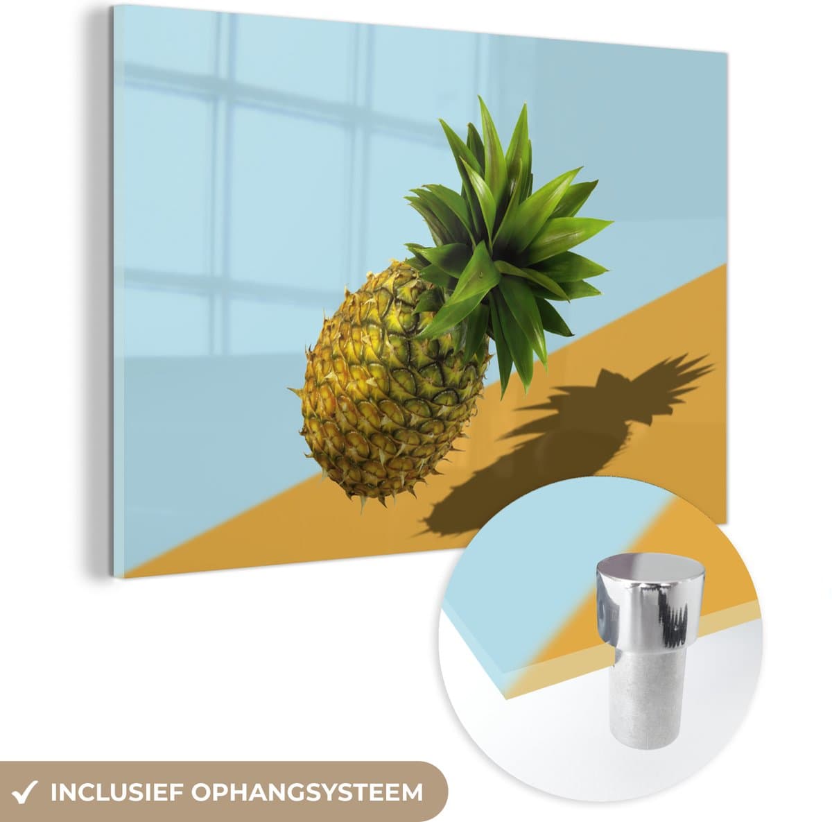 ® Glasschilderij 60x40 cm - Schilderij acrylglas - Ananas - Schaduw - Blauw - Geel - Foto op glas - Muurdecoratie woonkamer - Wanddecoratie slaapkamer - Schilderijen