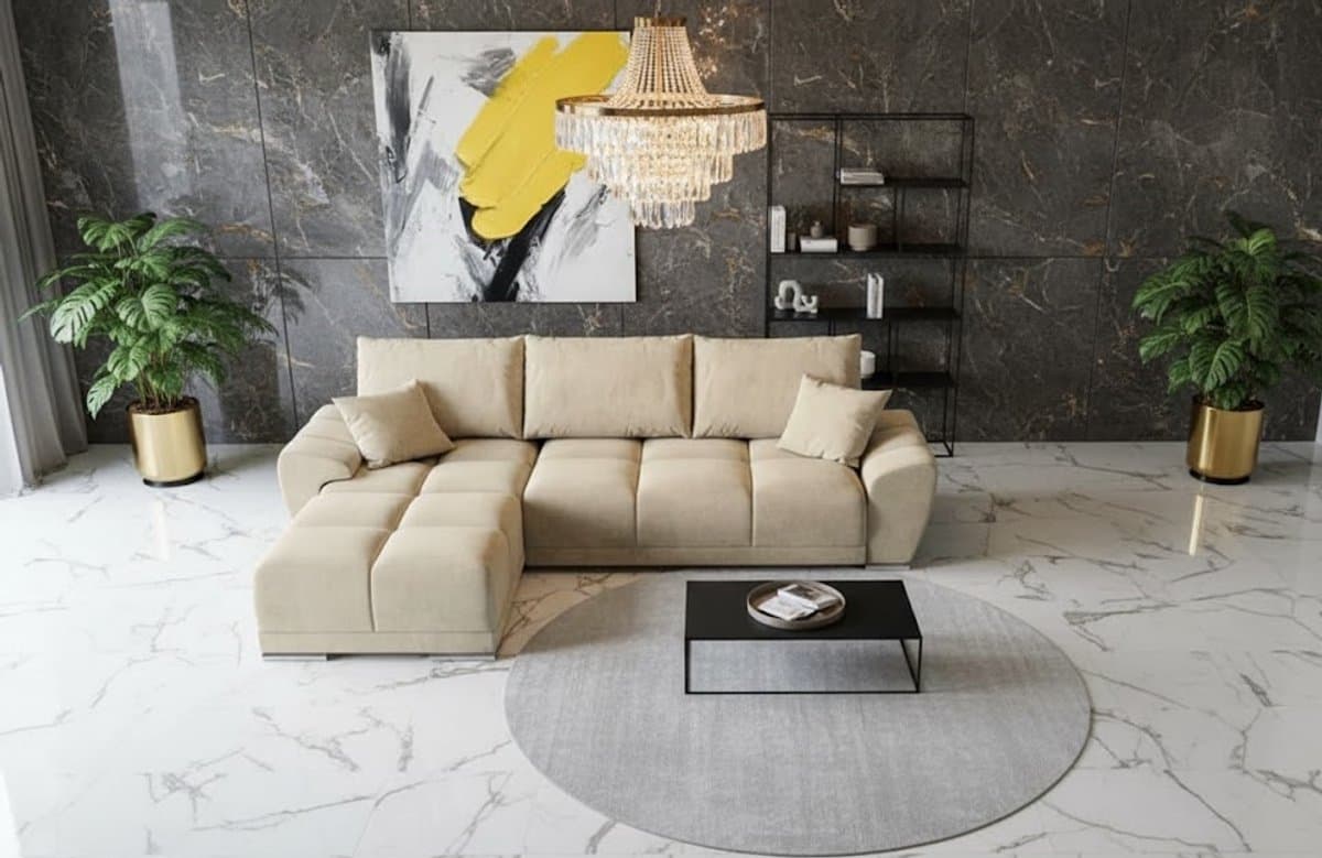 Hoekbank Slaapbank met Opbergruimte L-Vorm 289x189 cm – Luxe Fluwelen Uittrekbare Hoekbank met Bedfunctie & Inclusief Kussens – Crème2 Beige – Novihome