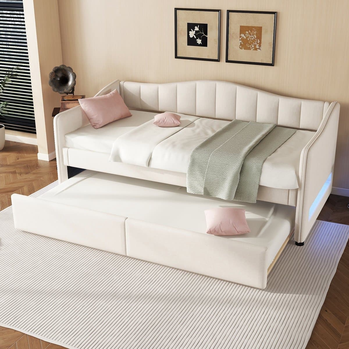 OKWISH Gestoffeerd Bed 90x200cm - Uitschuifbaar Onderschuifbed - Dagbed Met Slaapbankfunctie - Linnen Minimalistisch - Beige - Zonder matras
