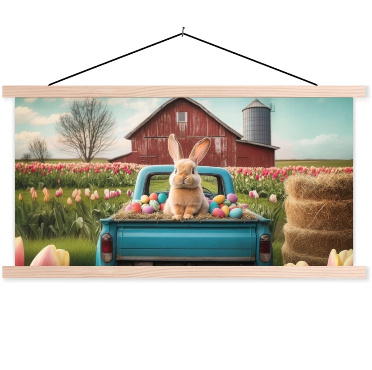 Posterhanger incl. Poster 90x45 cm - Schoolplaat - Konijn - Boerderij - Eieren - Textielposter - Blanke latten