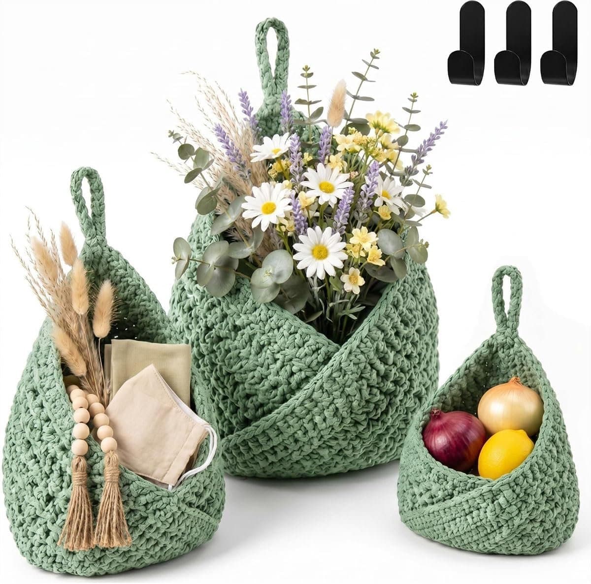 Driedelige hangende fruitmandenset met haken – handgeweven keukennet – wanddecoratie in bohemianstijl voor fruit - groenten en planten