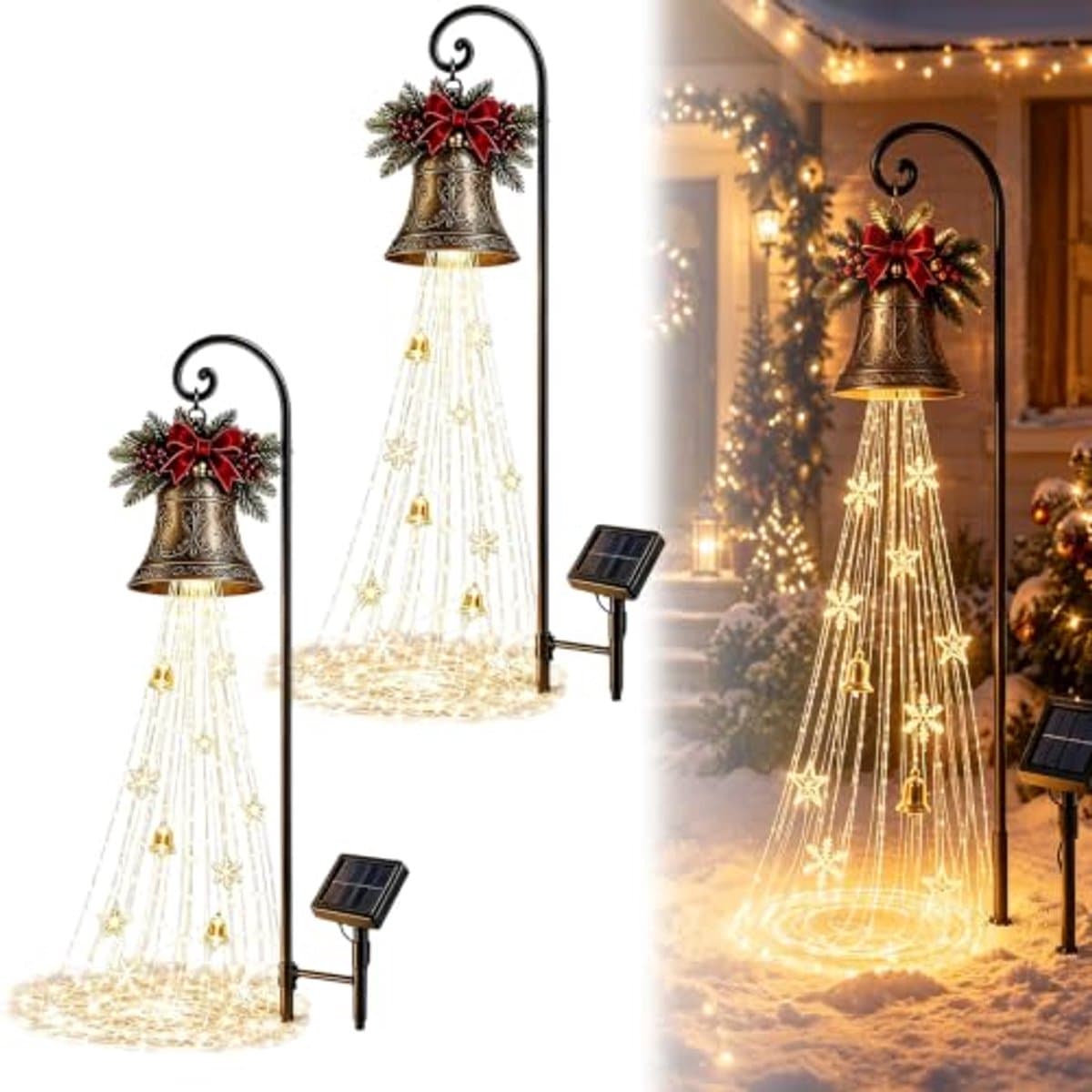 S/L Kerstklok Cascade Solar Tuinverlichting, Klok Cascade, 2 stuk klein Warm wit, waterval tuinverlichting op prikpaal, waterdicht, automatisch aan/uit voor gazon, tuinpad, voortuin en feestelijke buitendecoratie