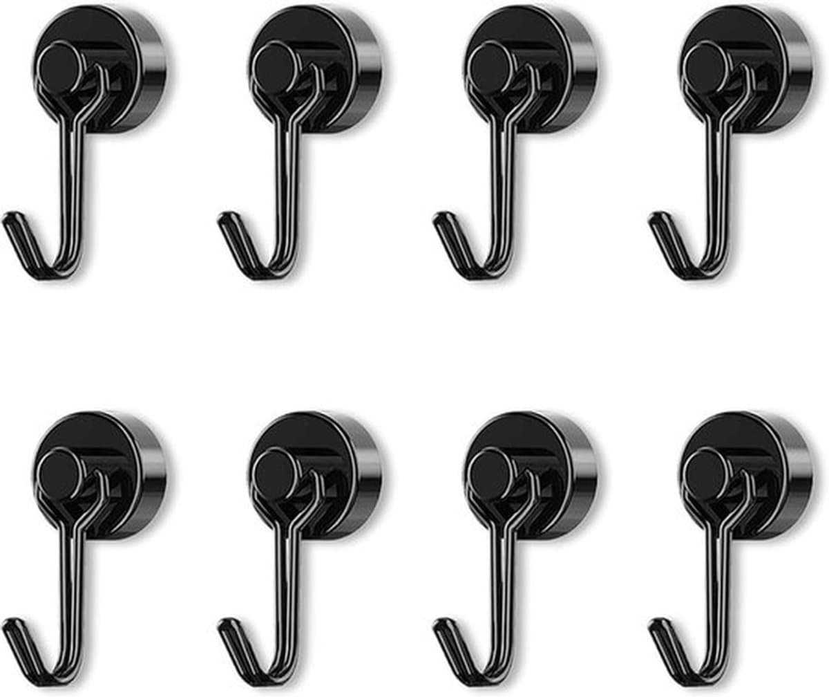 8 Stuks Magneethaken - Extra Sterk Neodymium Magneten met Haak - 20 mm Draaihaak voor IJzeren Deuren en Koelkasten - Groot Zwart Kledingrek Magneethaken