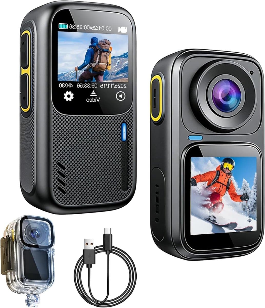 4K HD Bodycam met Dual Screen en 140° Groothoek, Waterdichte Actiecamera voor Sport en Reizen met Mini Selfie Stick en Onderwaterbehuizing