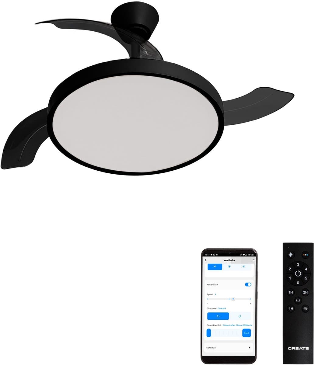 CREATE - Plafondventilator 40W stil met intrekbare bladen met licht - Ø108cm - Zwart- WIFI + Afstandsbediening - WIND CLEAR STUDIO