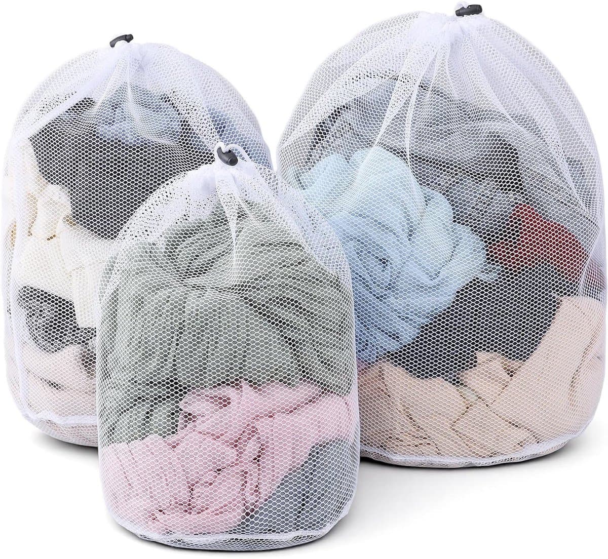 Set van 3 waszakken voor wasmachine, mesh wasnetten met trekkoord, beschermt kleding tegen vervorming en vouwen, maten 30 x 40, 40 x 50 en 50 x 60 cm