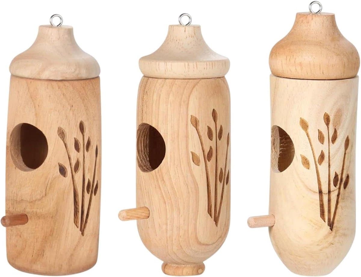Vogelhuisje Natuurlijk Hout - Nestkastje Buiten - Vogels Beschermen - Handgemaakt Uniek Design - 3 Stuks - Natuurlijk