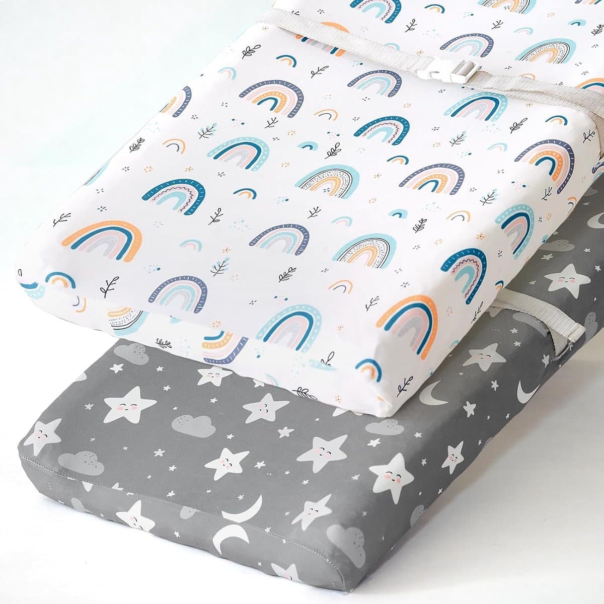 2-Pack Aankleedkussenhoezen Jersey Katoen - Ultra Zacht & Rekbaar - Neutraal Regenboog & Sterren
