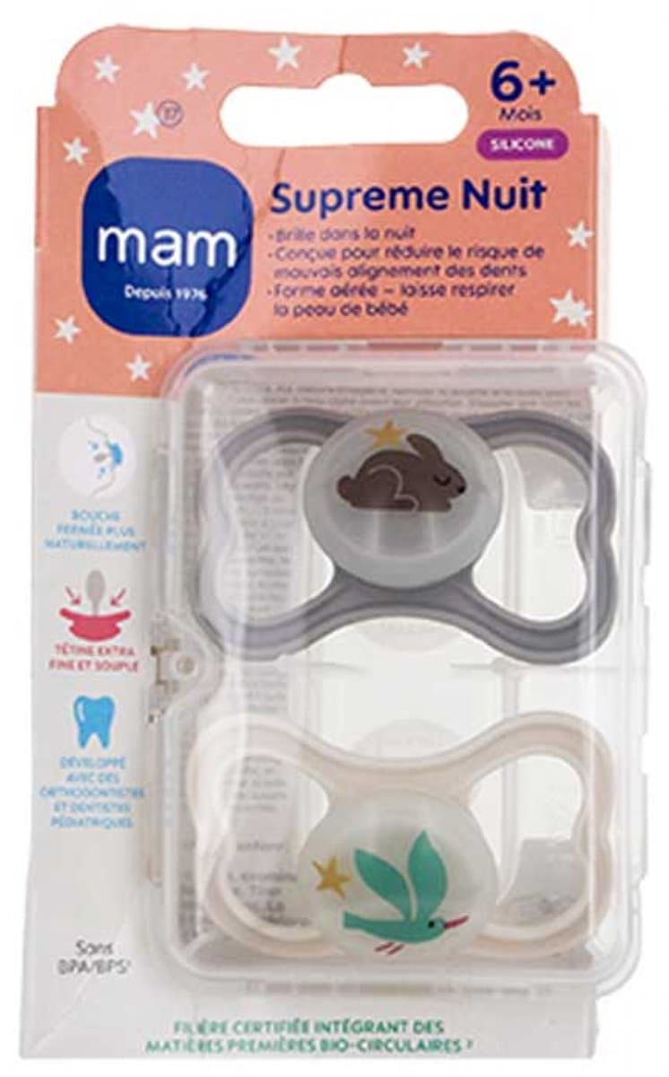 MAM 2 Supreme NachtSpenen 6 Maanden en Ouder (Kleur : Bruin konijn en beige vogel)
