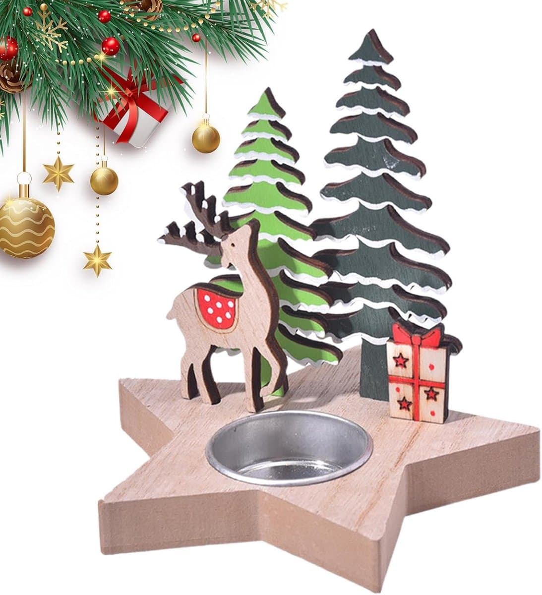 Houten Kandelaars - Kerstboom Decoratie - Winterse Sfeer - Platte Stabiliteitsbodem - 14 x 14 cm - Natuurlijk Hout
