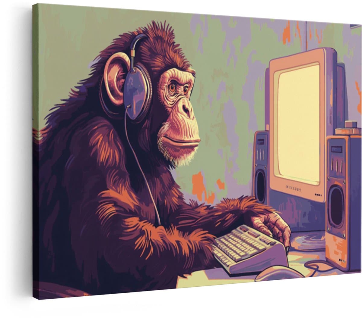 Artaza Canvas Schilderij Chimpansee - 90x60 cm - Wanddecoratie Aap met Koptelefoon - Muurdecoratie Retro Computer - Vintage Pop Art Schilderijen