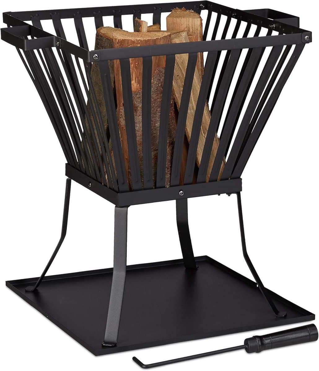 Vuurkorf XL - Vuurschaal - 56.5 cm Diameter - Vuurkorf met Onderplaat - Inclusief Pook - Vuurkorf voor Tuin & Terras - Voor Hout - 56x56.5x45 cm - Modern Design - Outdoor Vuurplaats - Zwart - Bodembescherming - Stabiele Vuurmand
