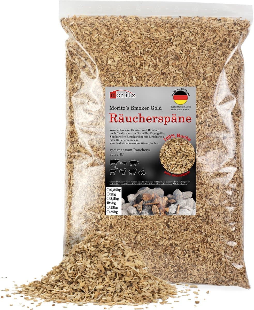 5 kg Moritz Smokers Gold - houtsnippers beuk fijn 0,75 – 2 mm voor koud en warm roken van vis, vlees en meer