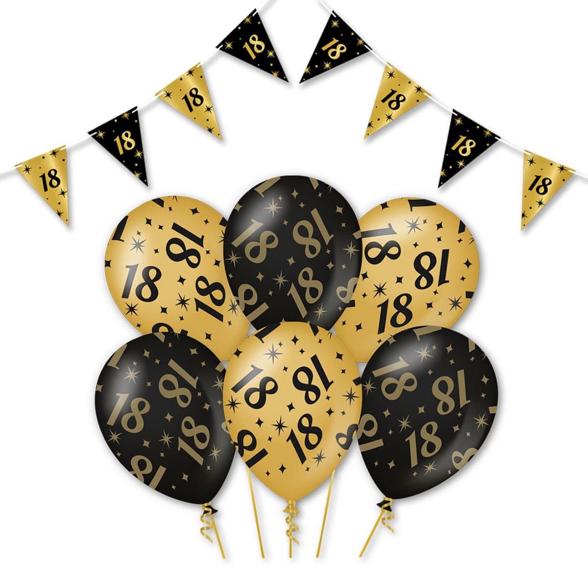Q2P - 18 Jaar - Slingers - Ballonnen - Zwart & Goud Set - Verjaardag Versiering - Helium Ballon