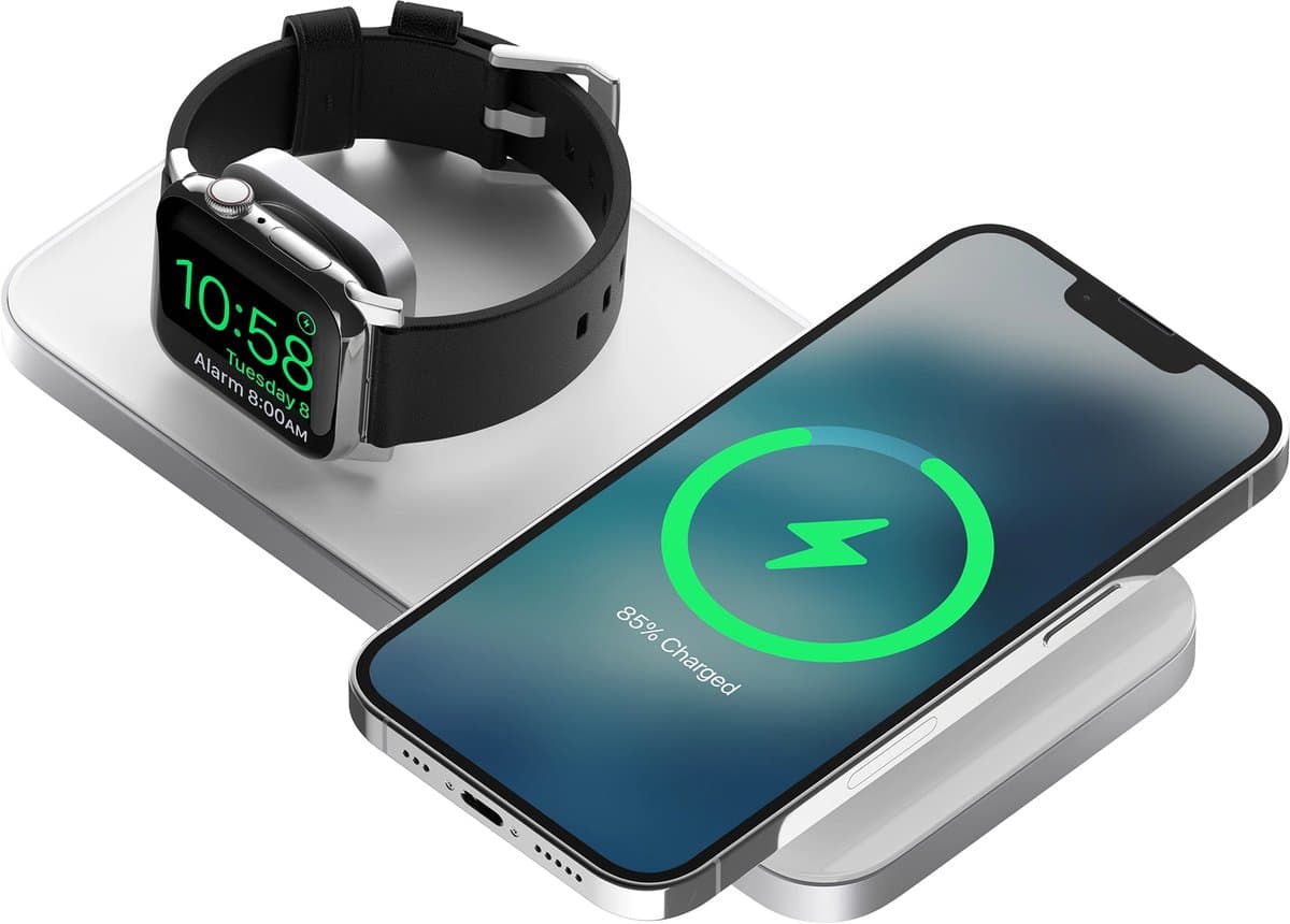 Nomad Base One Max Qi2 Oplader 3rd Gen – Draadloos Opladen tot 15W – Met Apple Watch Snellader & AirPods Oplaadplek – Stof- en Krasbestendige TPU Oplaadbasis - Grijs