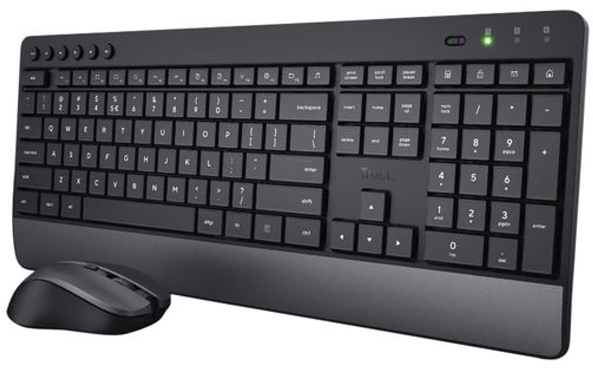 Trust Trezo - Draadloze Toetsenbord en Muis set - met polssteun - vlakke toetsen - Qwerty US - Grijs