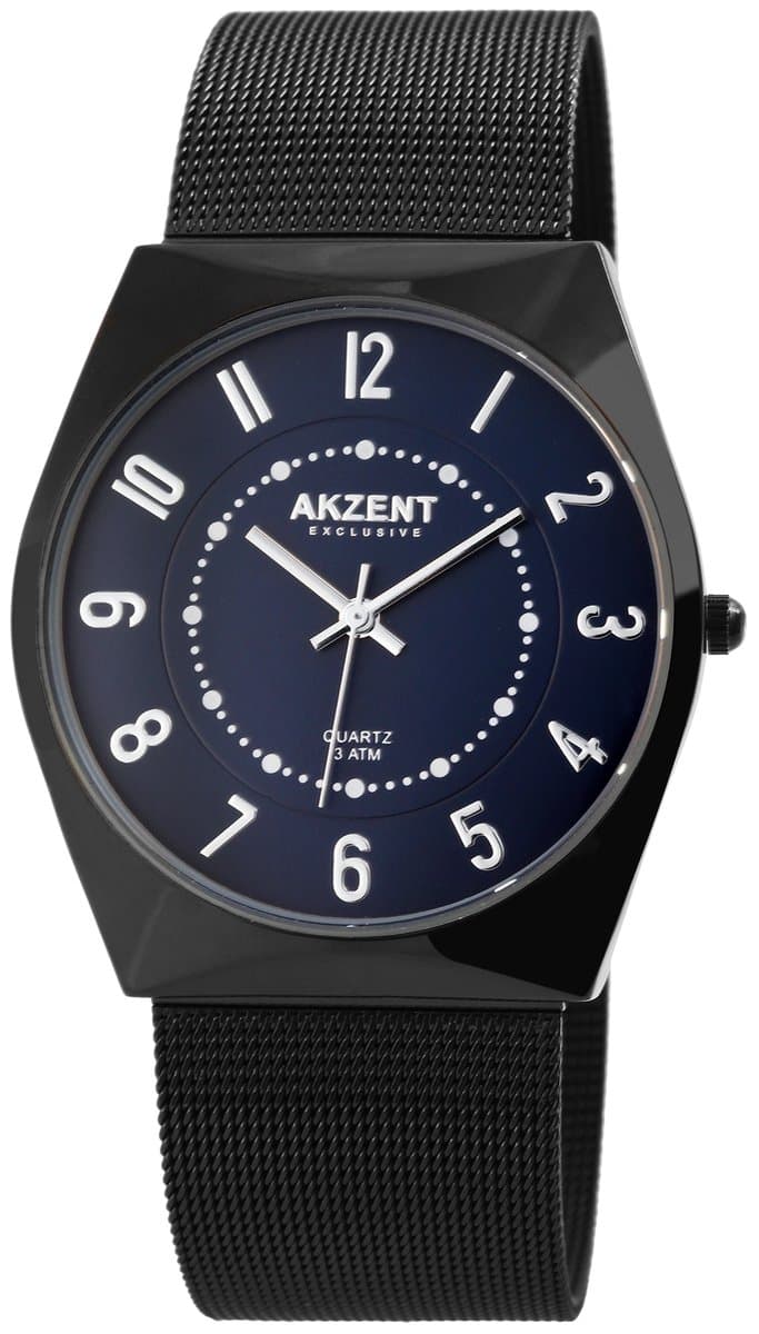 Akzent-Heren horloge-Analoog-Rond-40MM-Zwart-Zwarte milanese band