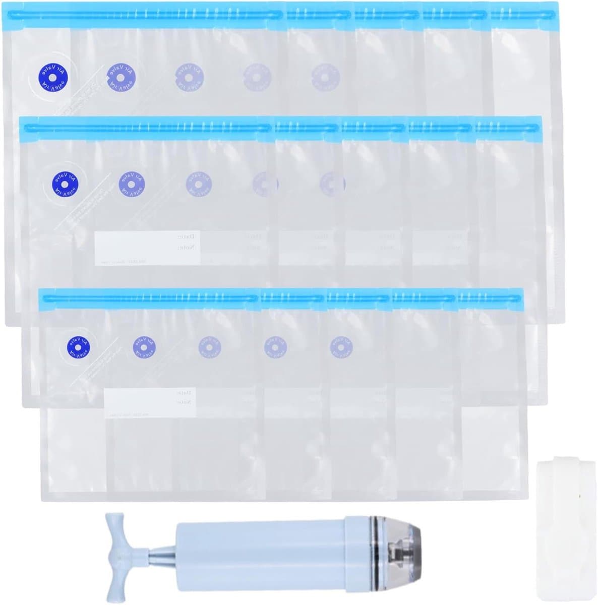 Allecto Plus - Set van 15 herbruikbare vacuüm opbergzakken - Voor voedselopslag - 3 maten - Met handpomp - Diepvrieszakken - Snackverpakkingen - Vlees en fruit - Glijdende rits - Opbergtas.