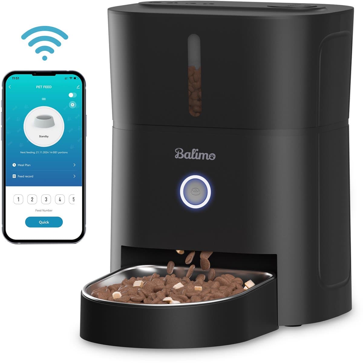 Balimo MAX Automatische Voerbak - Kat en Hond - Voerautomaat met App - WiFi - 3L - Zwart