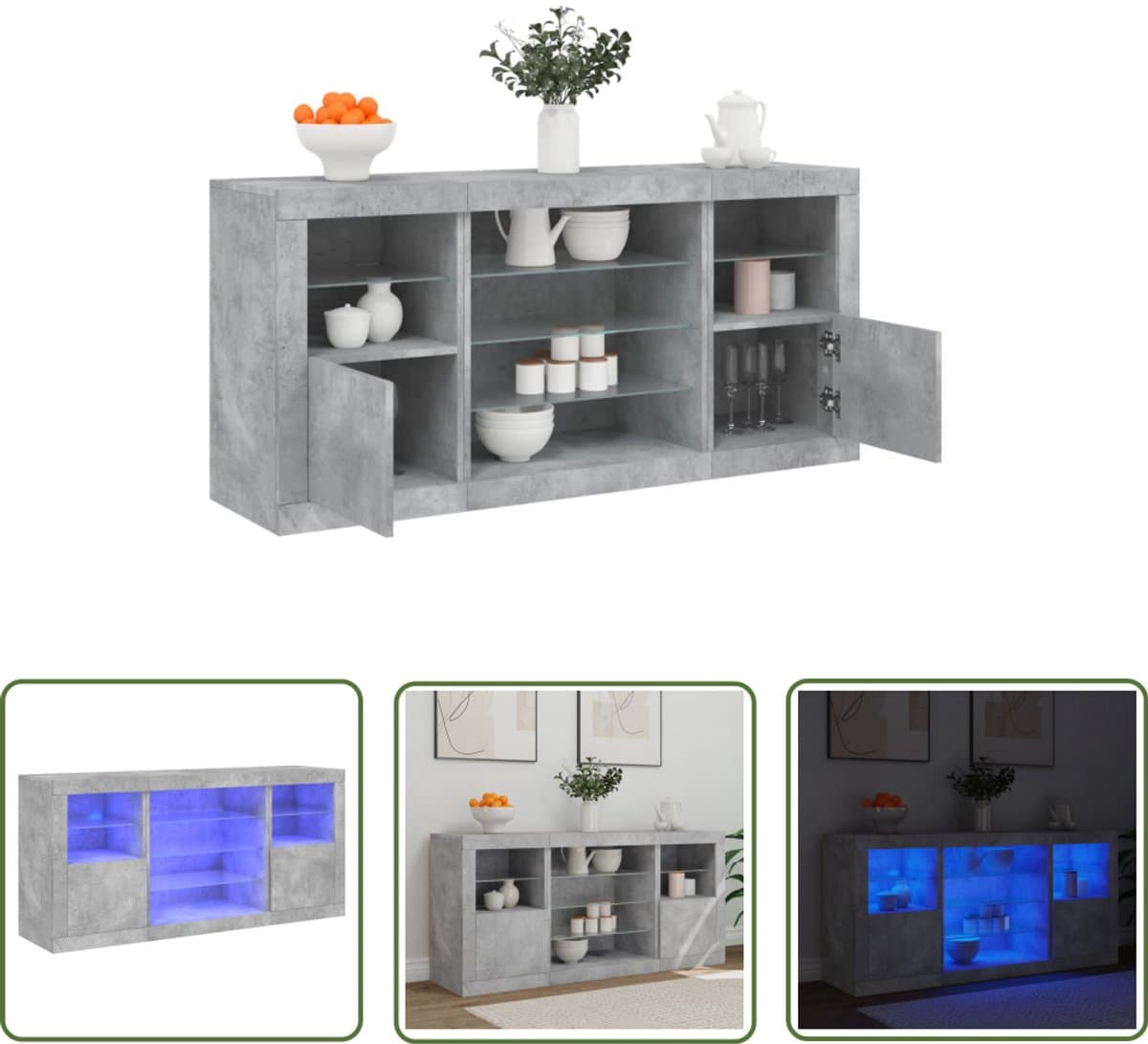 vidaXL LED-verlichting - Dressoir - Dressoir met LED-verlichting 142,5x37x67 cm betongrijs - Modern Dressoir - Houten Dressoir - Grijze Dressoir