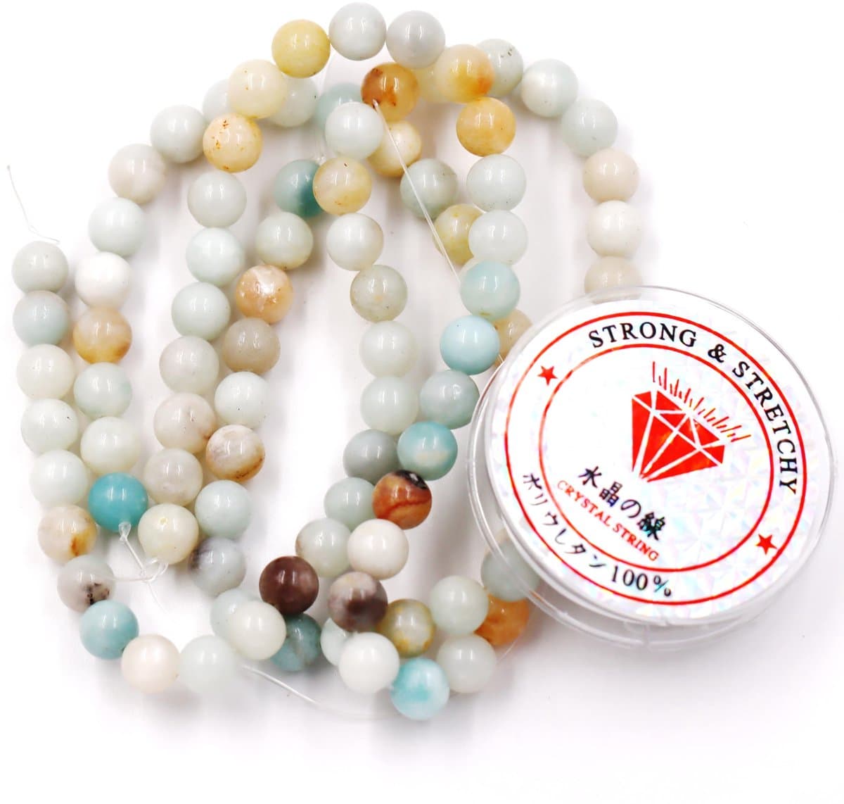 Fukugems kralen met rekkoord voor het maken van sieraden Losse stenen kralen voor doe-het-zelf Energiestenen helende armband 10 mm = 76 stuks en 1 rol koord Mix-kleur Amazoniet 10 mm
