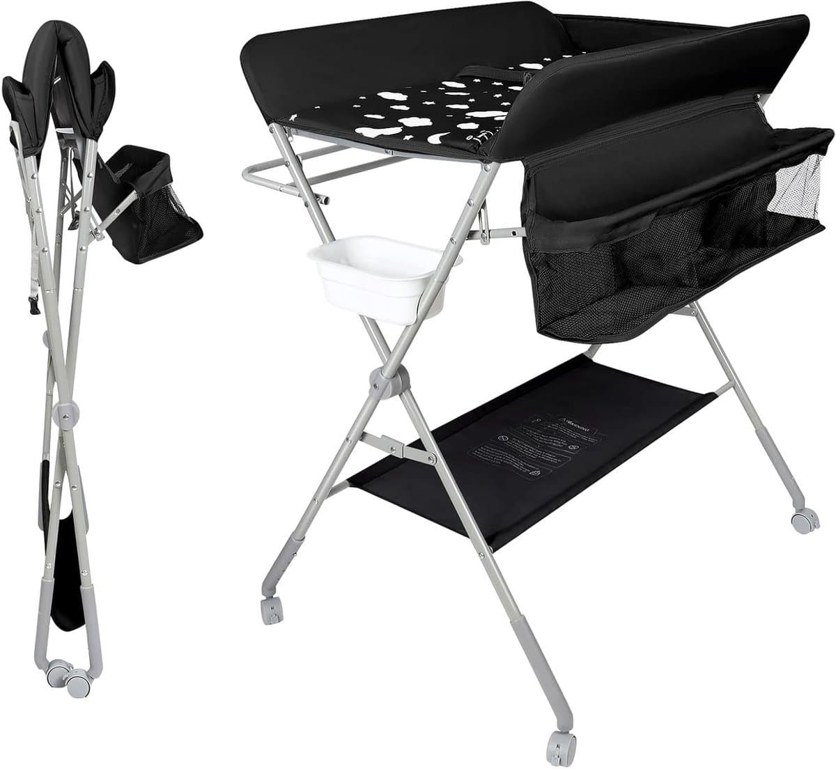 Baby Verschoontafel - Mobiele Commode - Baby Verzorging - Verstelbare Hoogte - 80 x 58 x 90 cm - Zwart