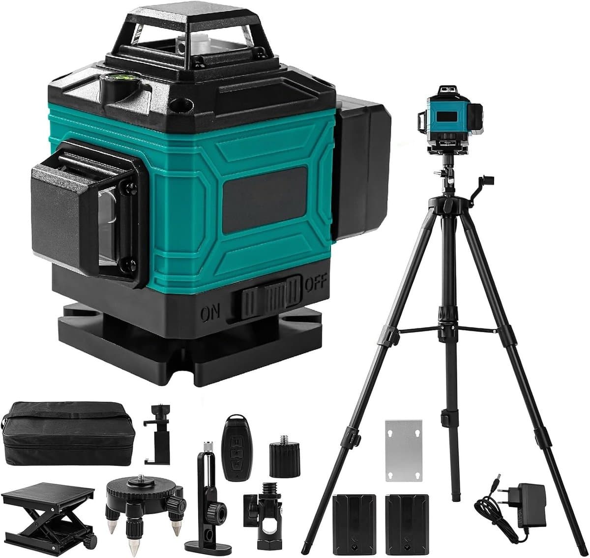 Waterpas met Statief, 4 x 360° Laser Level, Kruislijnlaser 4D 16 Lijnen Zelfnivellerend, voor Constructie en Uitlijning, 2x4800mah Accu's, Afstandsbediening (Groen & Zwart)