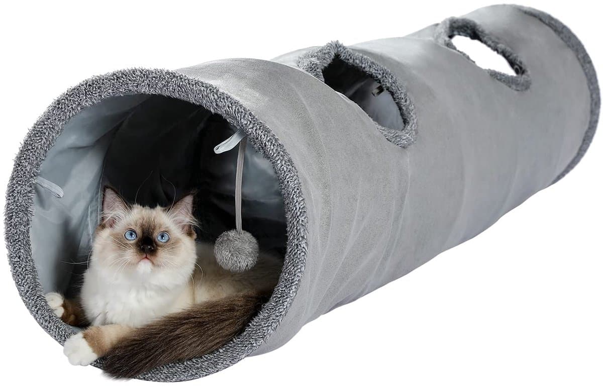 My Ninki ® Uitgebreide Opvouwbare Kattentunnel Met Speelbal Voor Katten, Konijnen En Kleine Dieren, Grijs, 130x30 cm