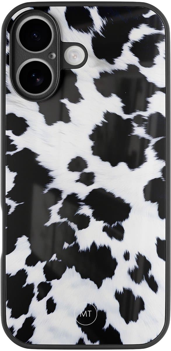 Hoesje geschikt voor iPhone 16 - Koeienprint - Luxe Hard Case - Print - Zwart, Wit - Mooie Telefoonhoesjes