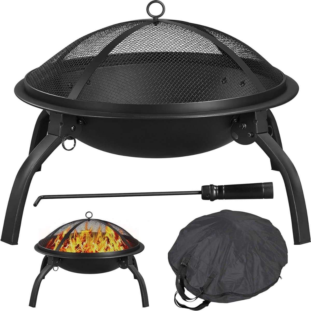 Quvo® Vuurkorf Met Vonkenscherm - Vuurkorf – Vuurhaard Met Draagtas - Terrashaard - Openhaard - Vuurton - Vuurmand Op Voeten - Kachel – Buitenhaard - 54 cm Diameter - Zwart-54cm x 54cm x 39cm