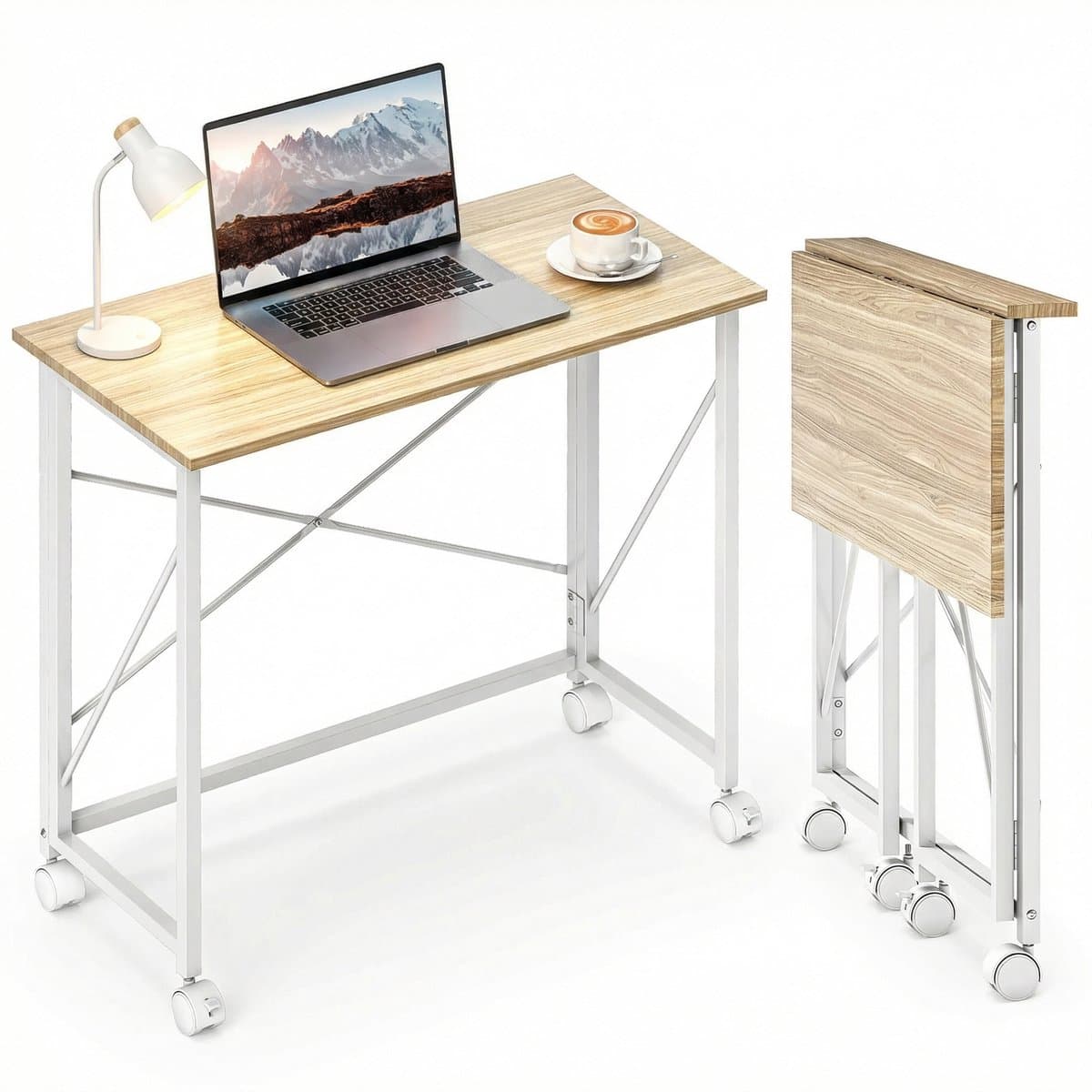 Aiverig® Bureau Inklapbaar op Wieltjes – Verrijdbare Computertafel & Werktafel – Opvouwbare Tafel voor Thuiswerken – 4 Wielen met Rem – Modern Eiken Houtlook – Voor Kleine Ruimtes – 80×40×75 CM