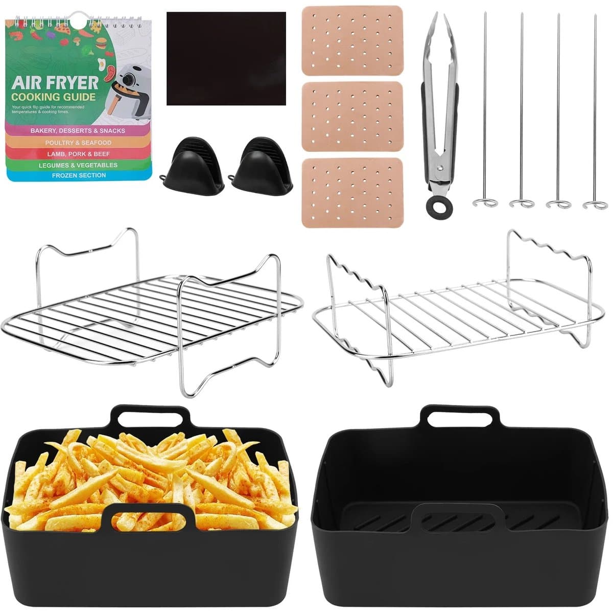 Aiverig® Airfryer Accessoires Set – 9-Delig Pakket voor Dubbele Airfryer – Siliconen Bakvormen – Inclusief Grillroosters, 150x Bakpapier & Tang – Geschikt voor de meeste dubbele Airfryers 7.6-9.5L – 21.5×15×7 CM