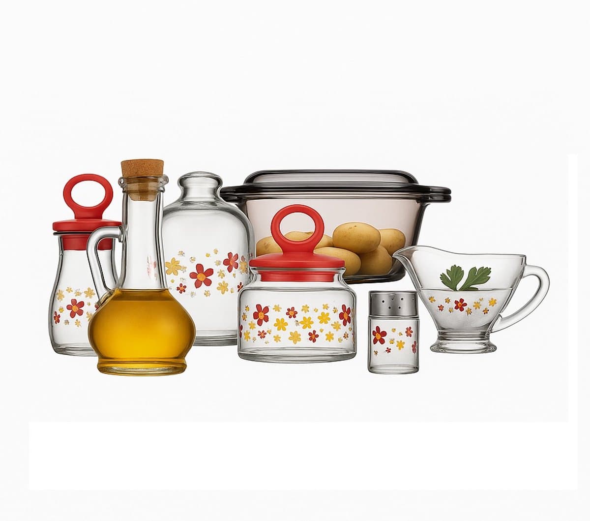 Pasabahce Glazen Set 10-delig – Voorraadschalen, Serveerschalen, Peper & Zoutstel en Sauskom – Hittebestendig & Luchtdicht – Bloemenprint Design