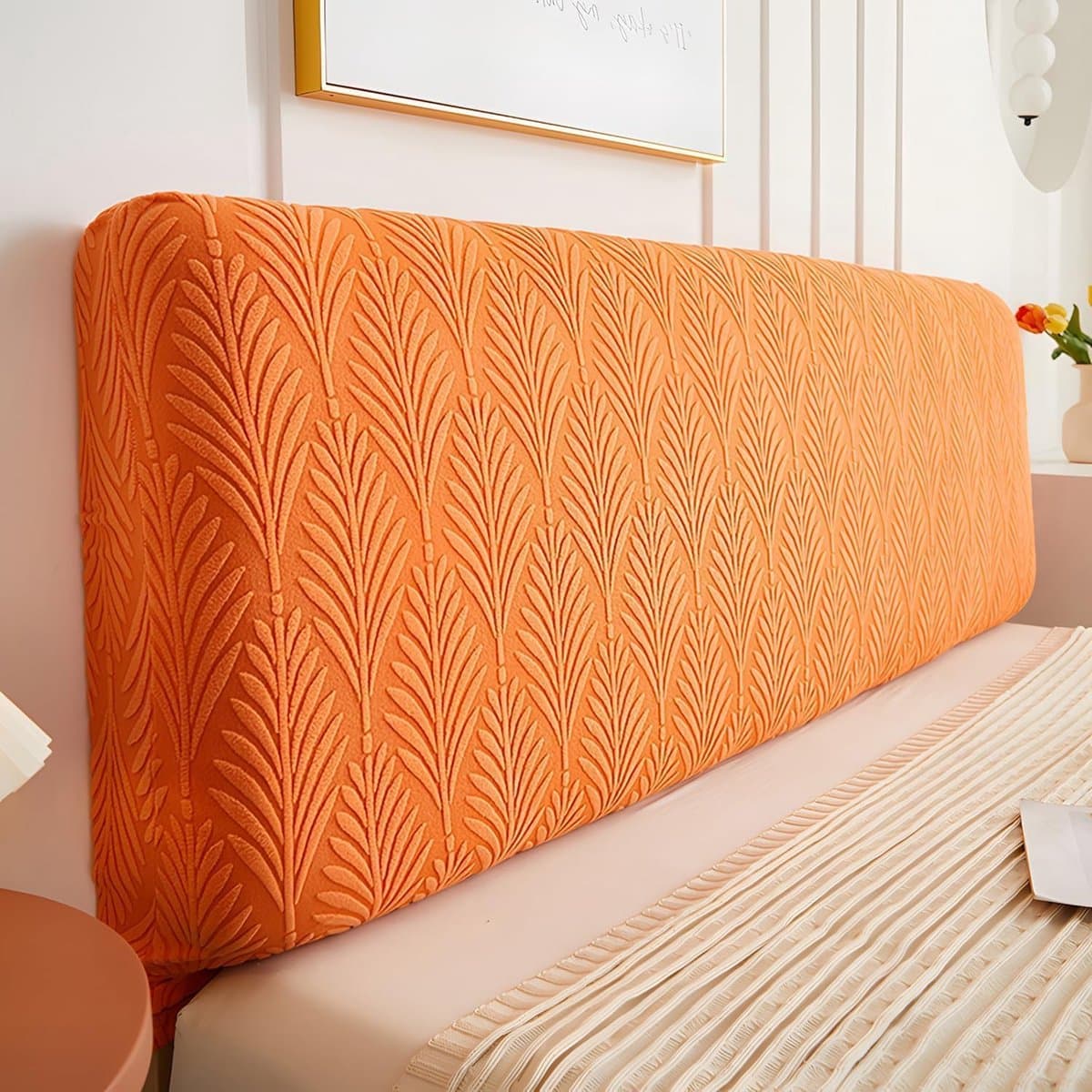 KZQ Elastische hoofdbordhoes voor kingsize en queensize bedden, jacquard hoofdbordhoes, stofwerende hoes, slaapkamerdecoratie (oranje, kingsize: 199 cm).