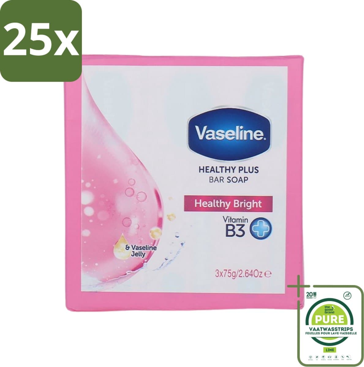 25 x Vaseline - Healthy Bright - Zeeptablet - Reinigend & Verzorgend - 3x75 ml - Bulkverpakking - Zeep - huidverzorging - reiniging - gezondheid - handen