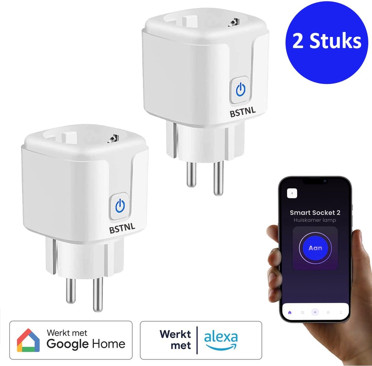 BSTNL Slimme Stekker - Smart Plug - 2 Stuks - 16A - Tijdschakelaar & Energiemeter - WiFi - Meet Energieverbruik - Met App Bediening - Tegen Sluipverbruik - Bedien Verlichting Op Afstand - Werkt met Google Home & Amazon Alexa - WiFi Stopcontact