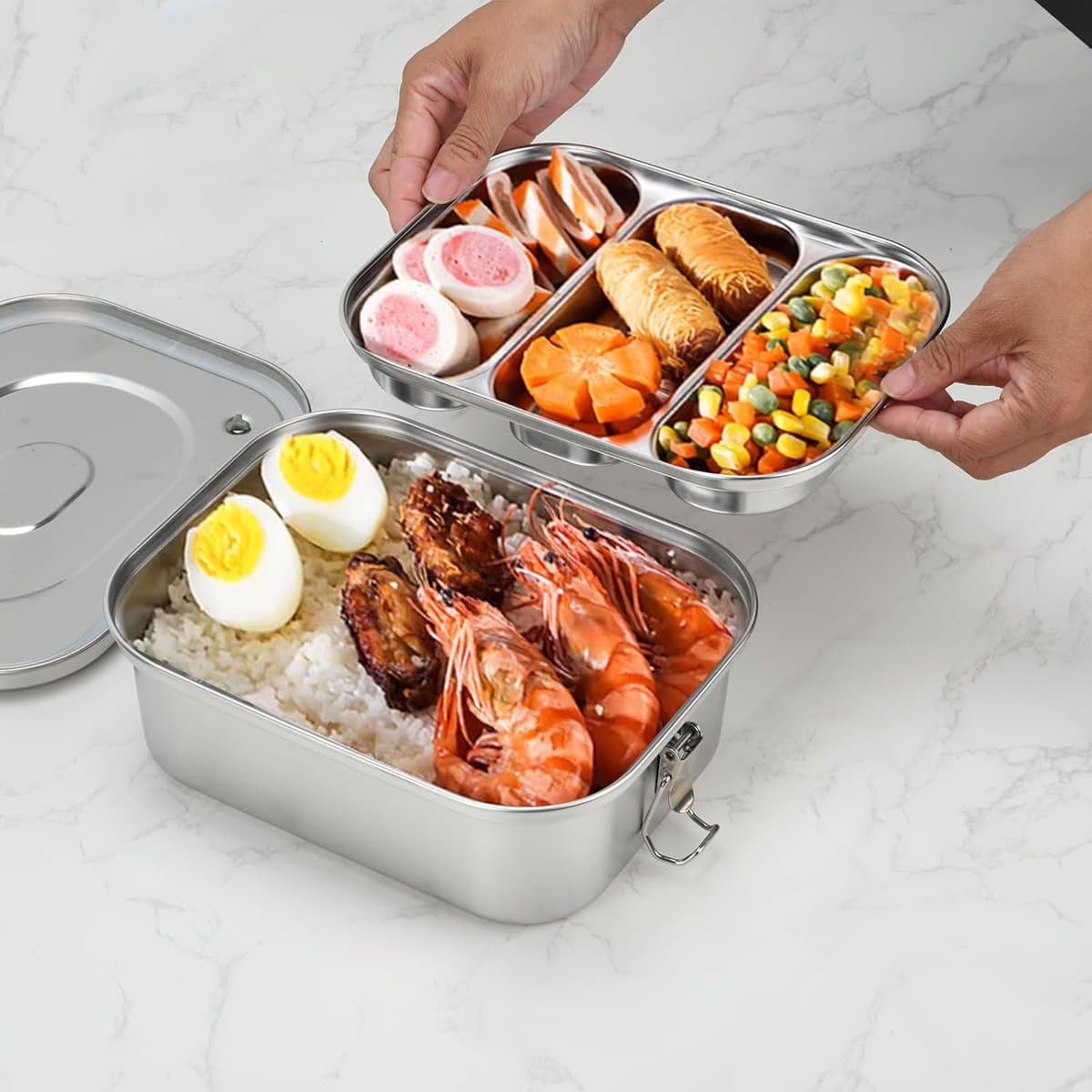 Roestvrijstalen Bento-Box 1800 ml – 3 Vakken, Dubbellaags Geïsoleerd, Luchtdichte Lunchbox
