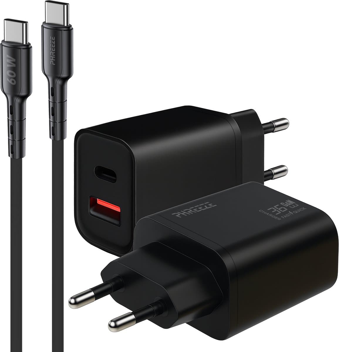 Phreeze usb C oplader 35w - Usb c naar usb c kabel 1 meter - Dual port fast charger voor usb C apparaten