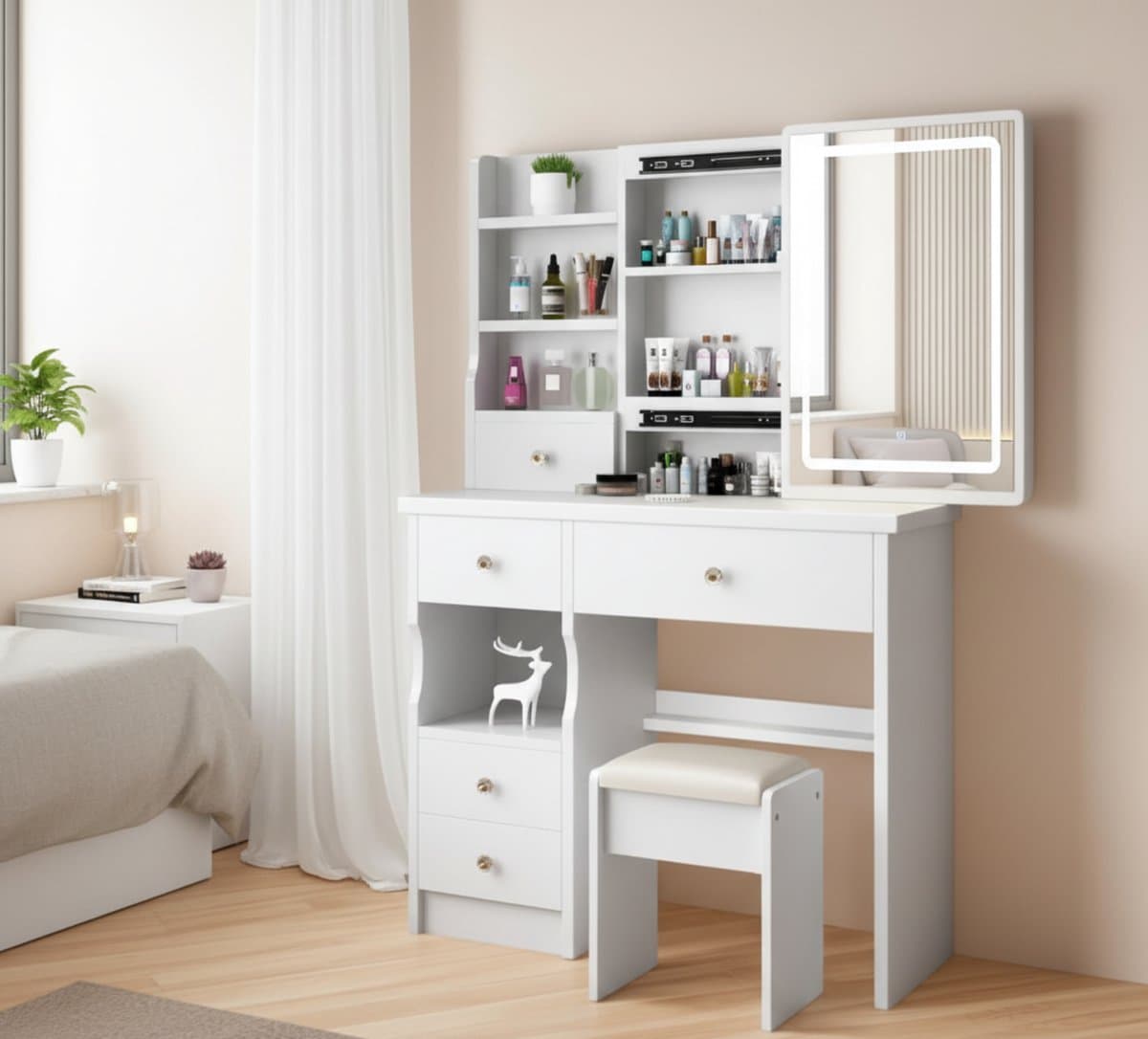 Make-uptafel met LED Verlichting en Spiegel – Verstelbare Helderheid & 3 Lichtkleuren – 5 Laden, 4 Open Planken, 80x34x128 cm – Moderne Kaptafel met Opbergruimte voor Slaapkamer – Wit – Altameubel