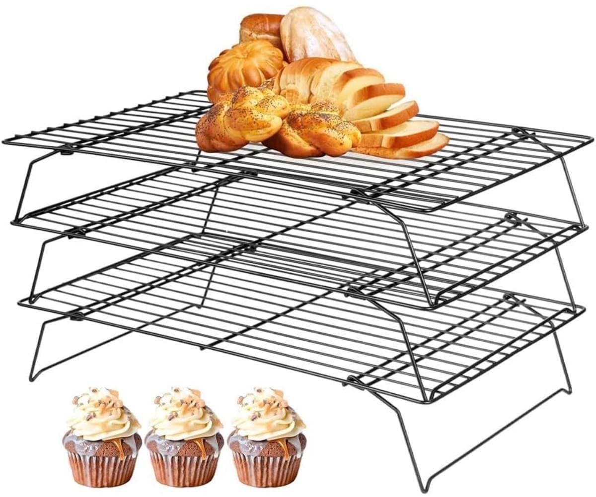 3 Stuks Koelrooster - Afkoelrooster Stapelbaar - 40 x 25 cm - Roestvrijstalen taartkoeler - Geschikt voor koekjes, cupcakes en barbecuegerechten