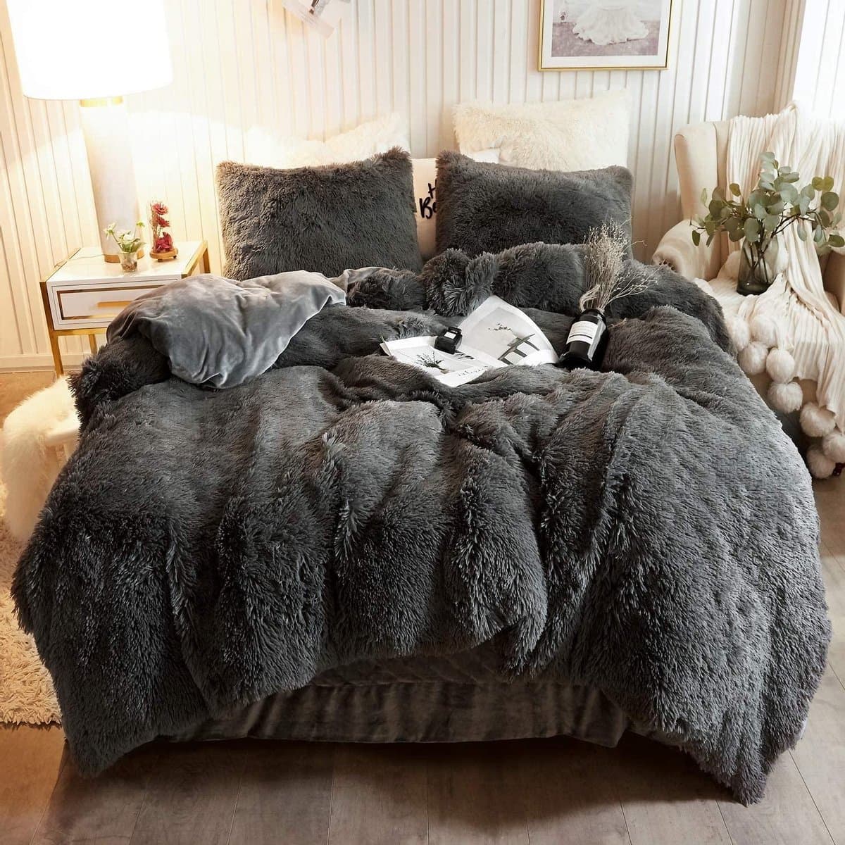 Foozzy Donkergrijs- Ultra zachte fluwelen Eenpersoons 140x200cm + 1 Kussensloop - Luxe - Warm - Pluche Fluffy overtrek