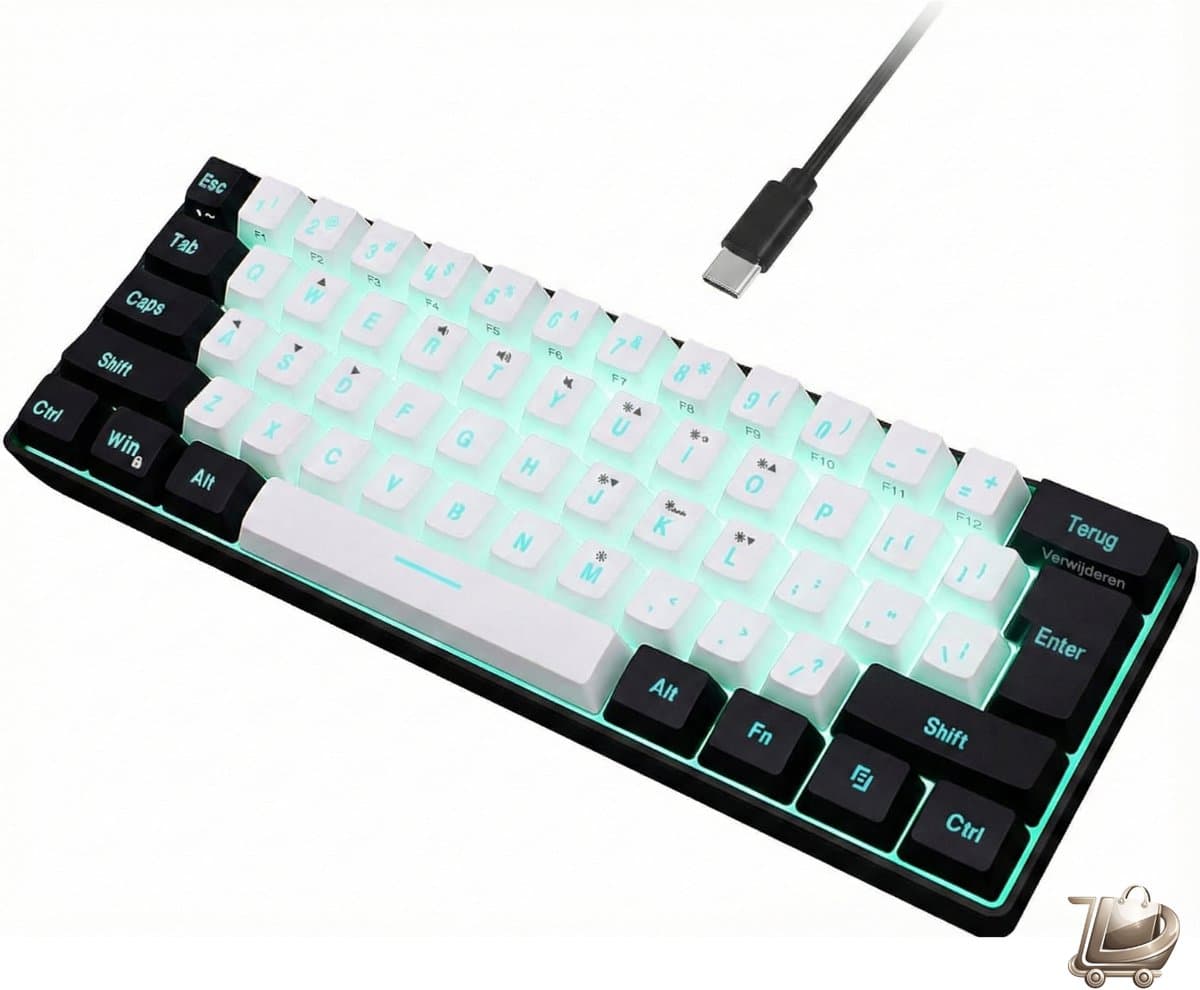 60% Mechanisch Gevoel Gaming Toetsenbord met RGB Verlichting - 61 Toetsen Compact Mini Design - Bedraad USB Toetsenbord voor PC en Mac - Small Portable Keyboard voor Gaming en Kantoor - Zwart/Wit Compact Toetsenbord