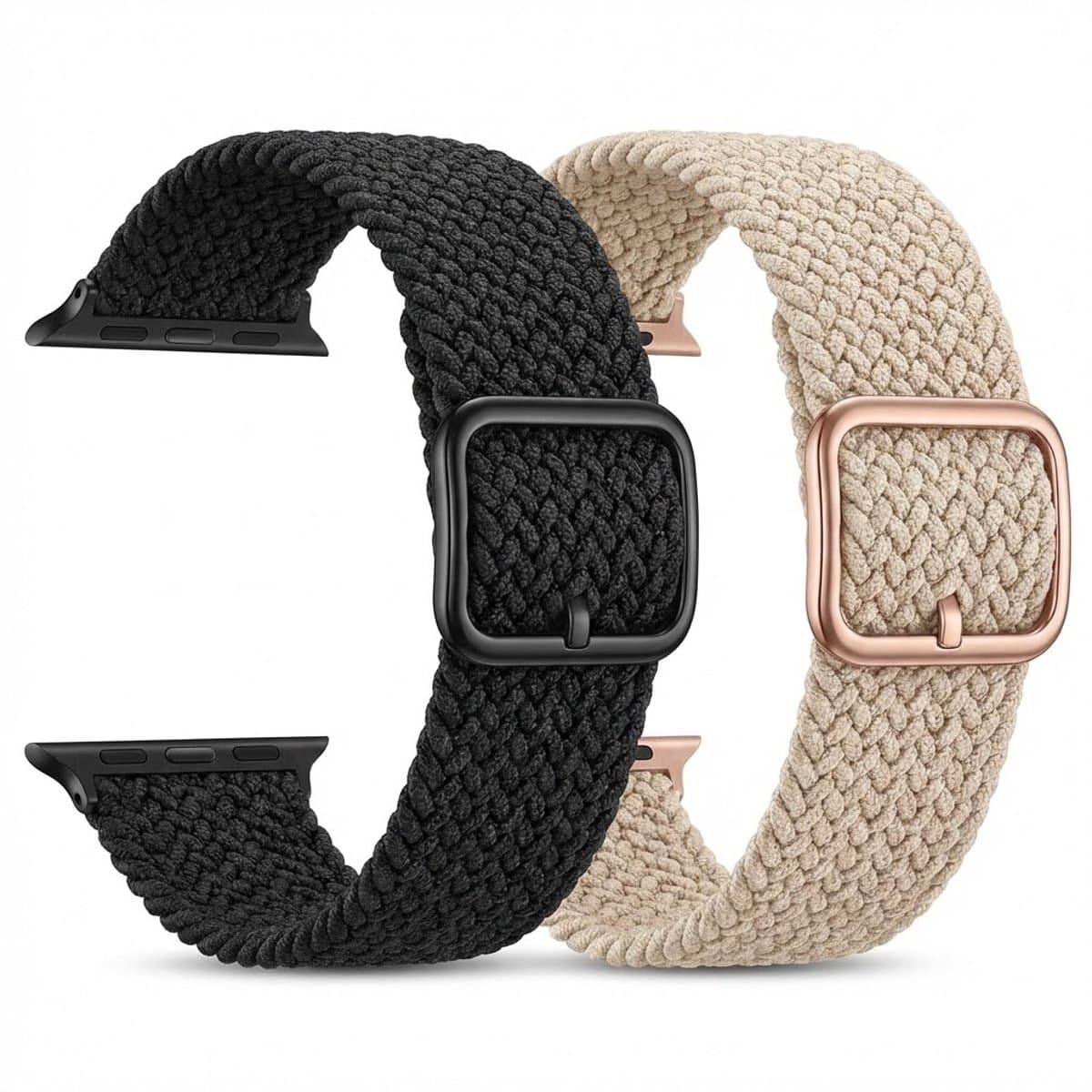 Beige zwart nylon horloge band 2 pack dames heren geschikt voor Apple Watch 42mm (serie 1 / 2 / 3) / 44 mm / 45 mm / 46 mm (serie 10 / 11) / 49 mm (Ultra 1 / 2 / 3) – rekbare band – gevlochten verstelbare stijl