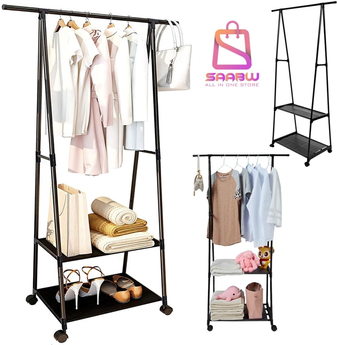 Kledingrek op Wielen met 2 Planken – Kledinghanger Standaard – Garderoberek – Schoenenrek – Kapstok – Voor Slaapkamer, Hal en Badkamer – Zwart – 58900